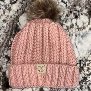 CC Kids Cable Knit Faux Fur Beanie Blush Pink